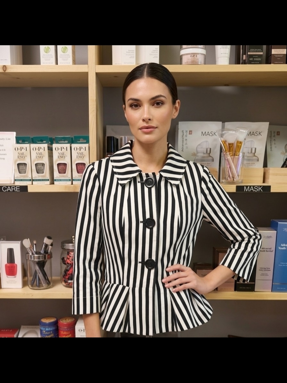 Women's Black & White Striped Peplum Blazer